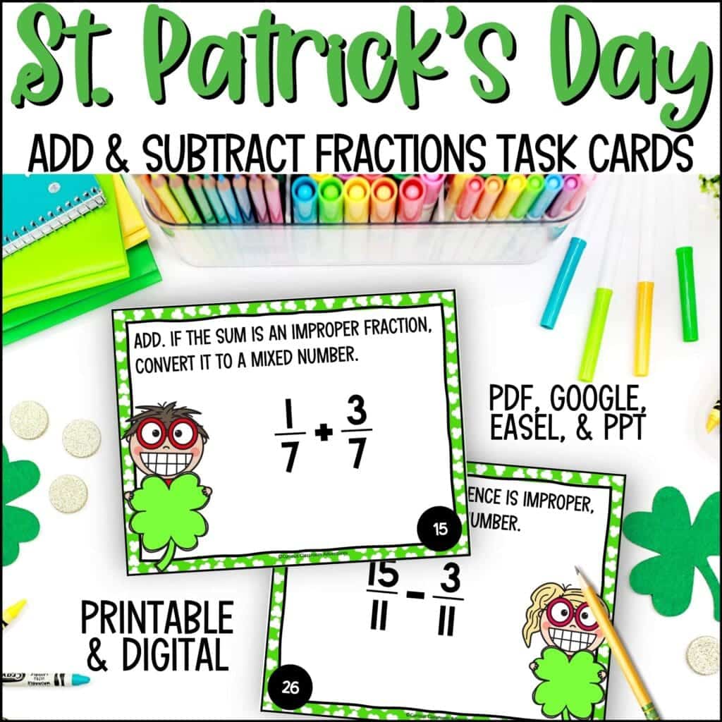 St Patrick S Day Adding And Subtracting Fractions Task Cards Curious