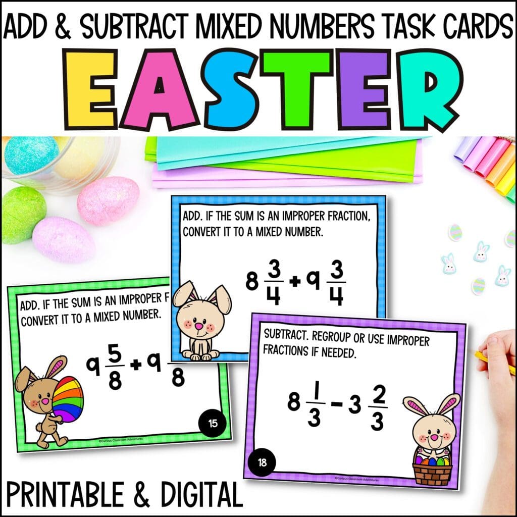 Easter Adding And Subtracting Mixed Numbers Task Cards Curious