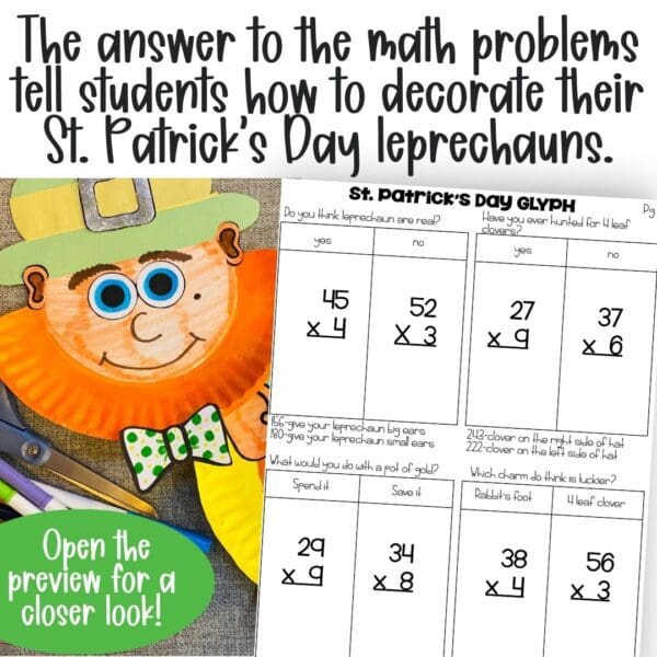 2-Digit by 1-Digit Multiplication st patricks day leprechaun math craft