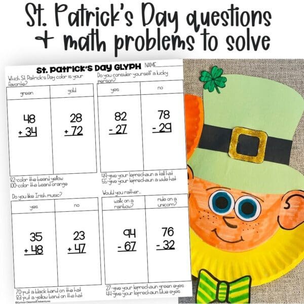 2-digit addition and subtraction st patricks day leprechaun math craft