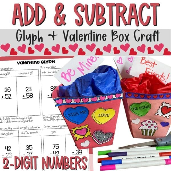 2-digit addition and subtraction valentine math glyph