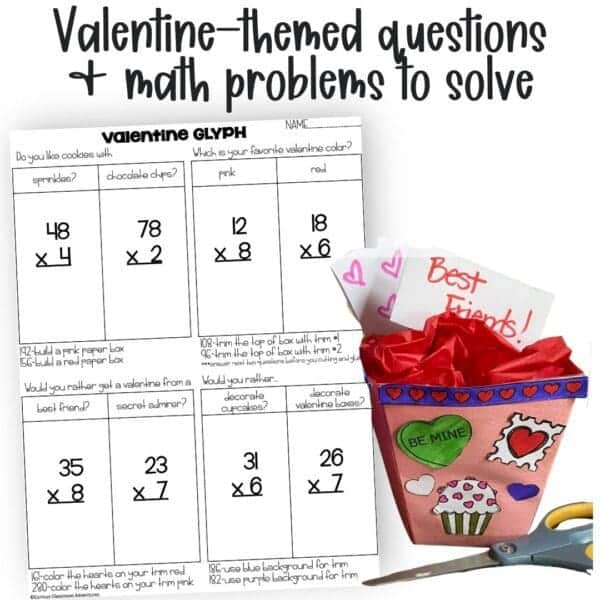 2-digit by 1-digit multiplication valentines day glyph