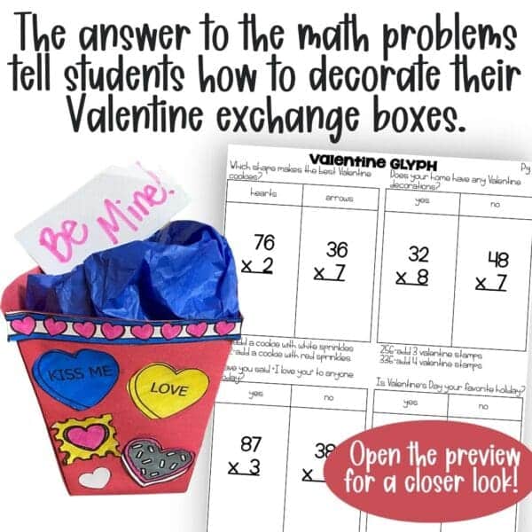 2-digit by 1-digit multiplication valentines day glyph