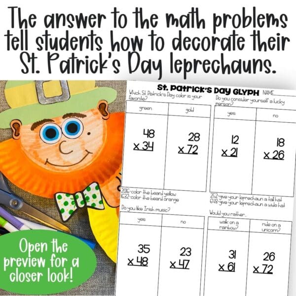 2-digit by 2-digit multiplication st patricks day leprechaun math craft