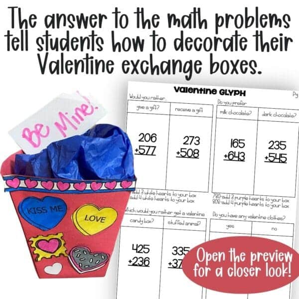 3-digit addition math valentine glyph