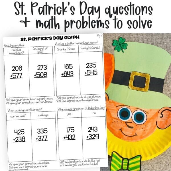 3-digit addition st patricks day leprechaun math craft