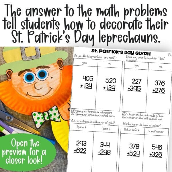 3-digit addition st patricks day leprechaun math craft