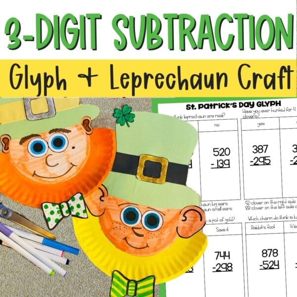 3-digit subtraction st patricks day leprechaun math craft