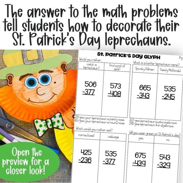 3-digit subtraction st patricks day leprechaun math craft