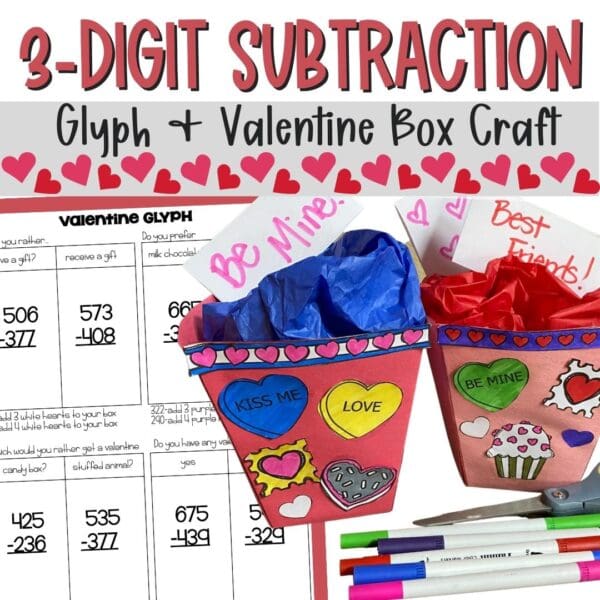 3-digit subtraction valentine math glyph