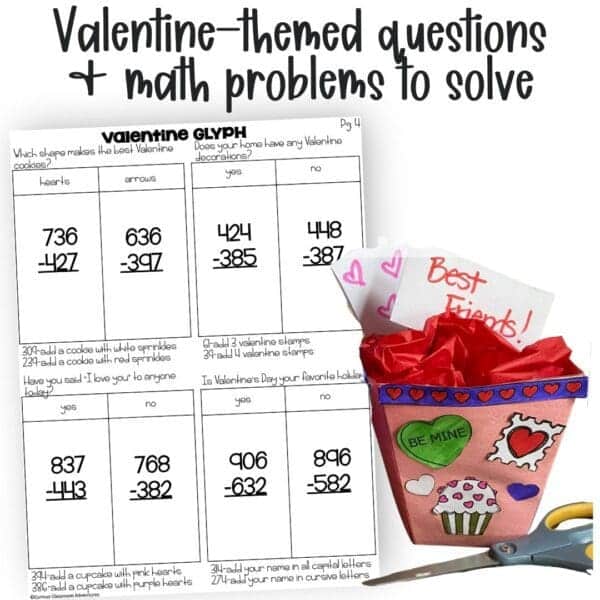 3-digit subtraction valentine math glyph