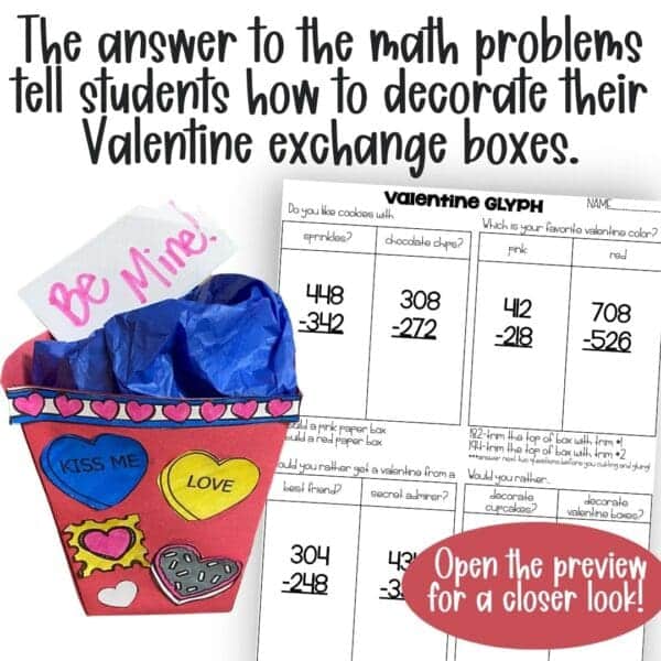 3-digit subtraction valentine math glyph