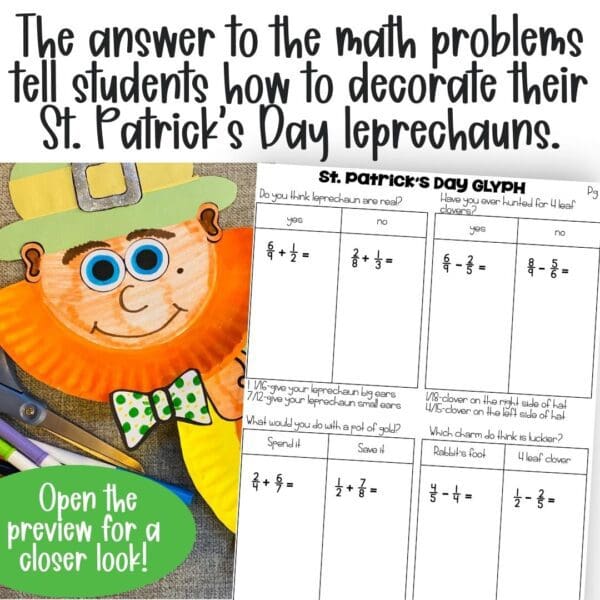 Adding and Subtracting Fractions st patrick's day leprechaun math craft