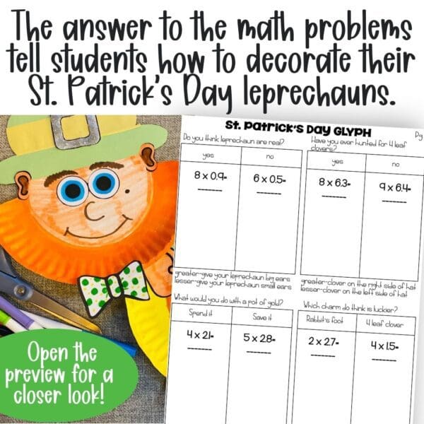 Multiplying Decimals St Patrick's day leprechaun math craft