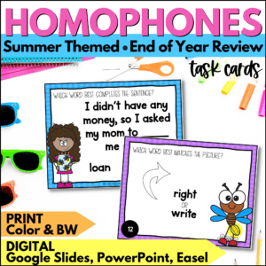 end of year homophones task cards summer activities