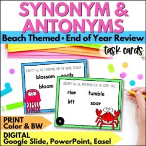 end of year synonym and antonym task cards summer activities