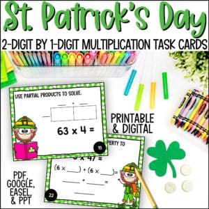 St. Patrick's Day 2-digit by 1-digit multiplication task cards