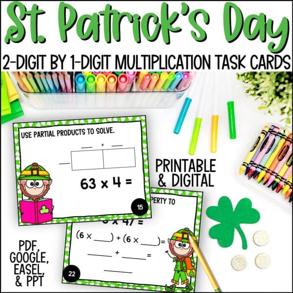 St. Patrick's Day 2-digit by 1-digit multiplication task cards