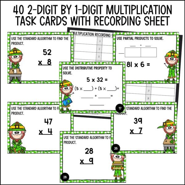 St. Patrick's Day 2-digit by 1-digit multiplication task cards