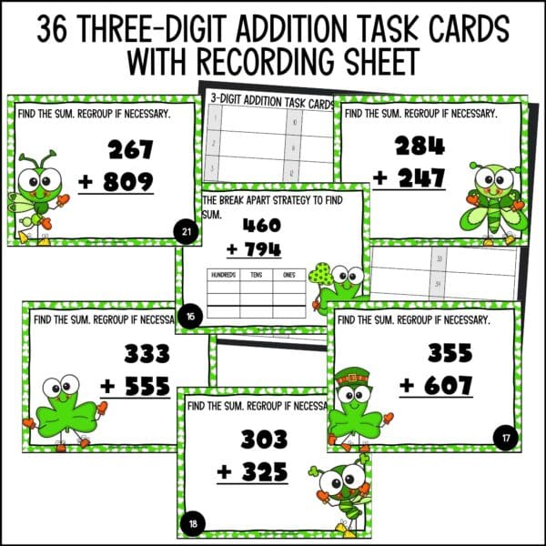 St. Patrick's Day 3-digit addition task cards