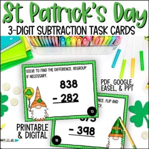 St. Patrick's Day 3-digit subtraction task cards