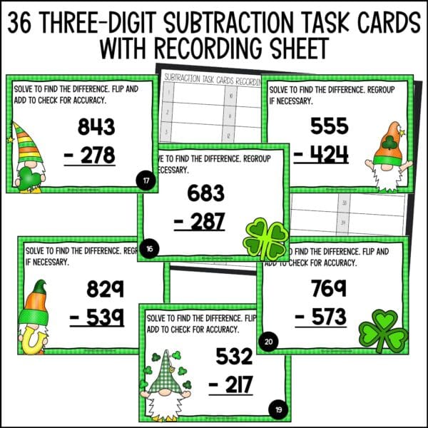 St. Patrick's Day 3-digit subtraction task cards