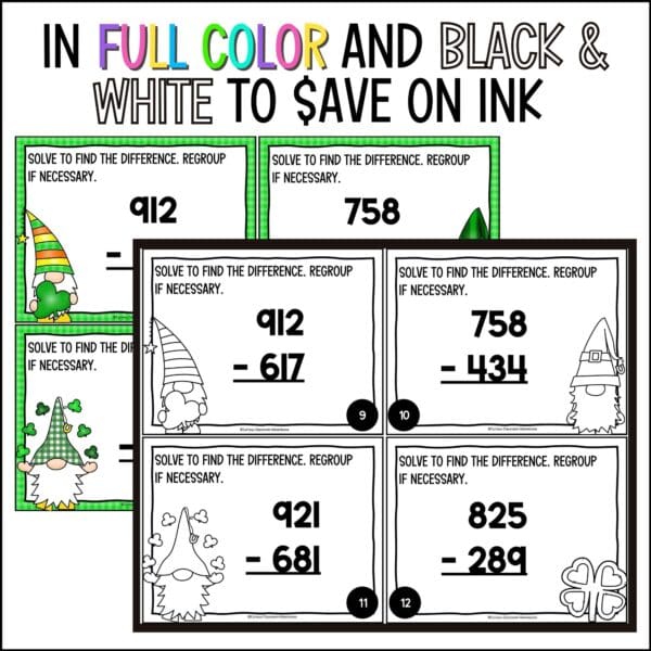 St. Patrick's Day 3-digit subtraction task cards