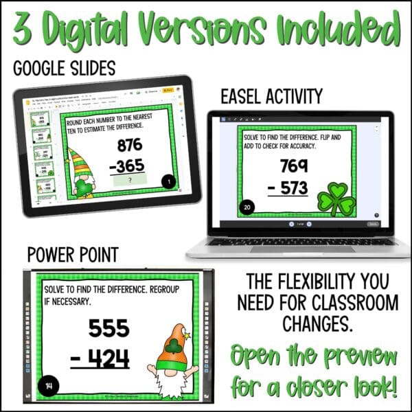 St. Patrick's Day 3-digit subtraction task cards