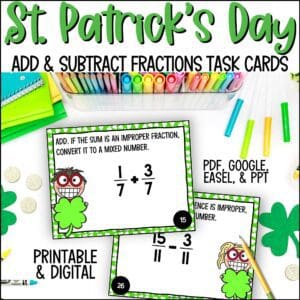 St. Patrick's Day adding and subtracting fractions task cards