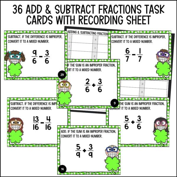 St. Patrick's Day adding and subtracting fractions task cards