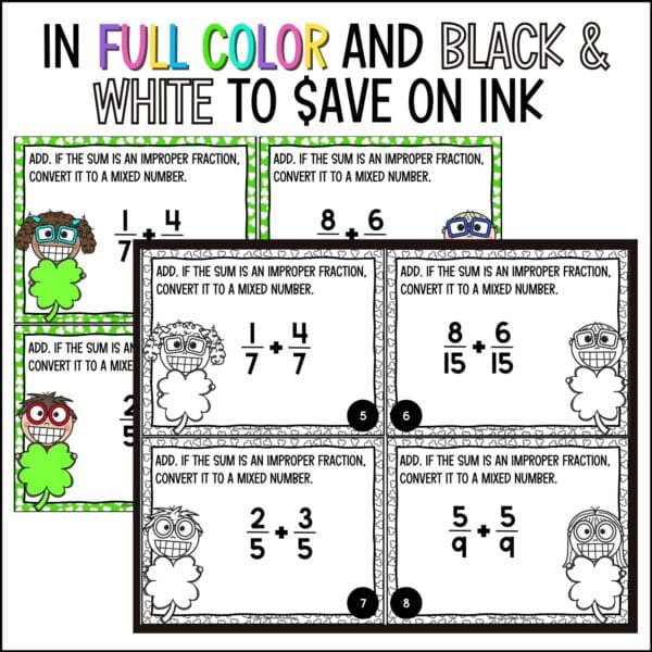 St. Patrick's Day adding and subtracting fractions task cards