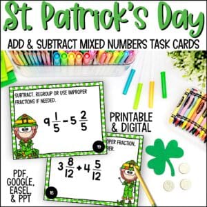 St. Patrick's Day adding and subtracting mixed numbers task cards
