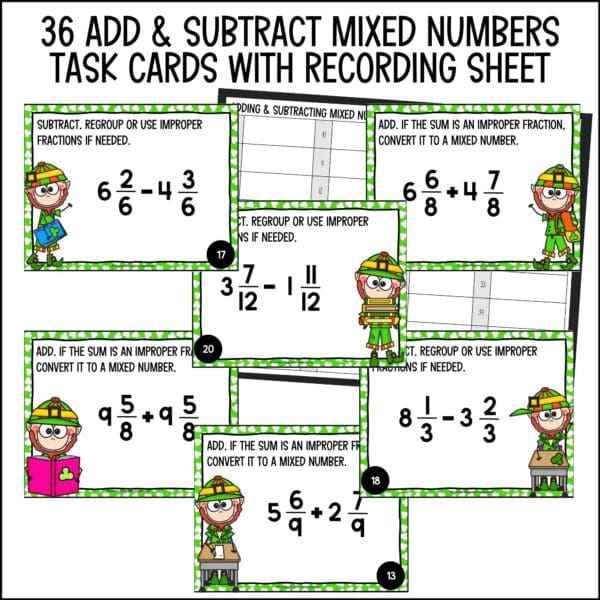 St. Patrick's Day adding and subtracting mixed numbers task cards