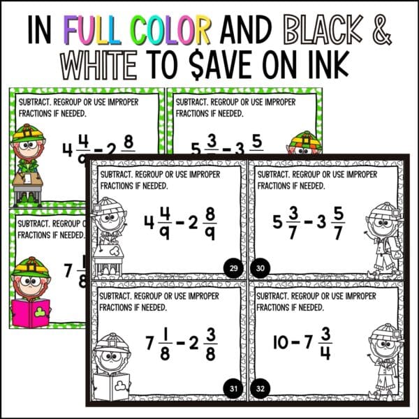 St. Patrick's Day adding and subtracting mixed numbers task cards