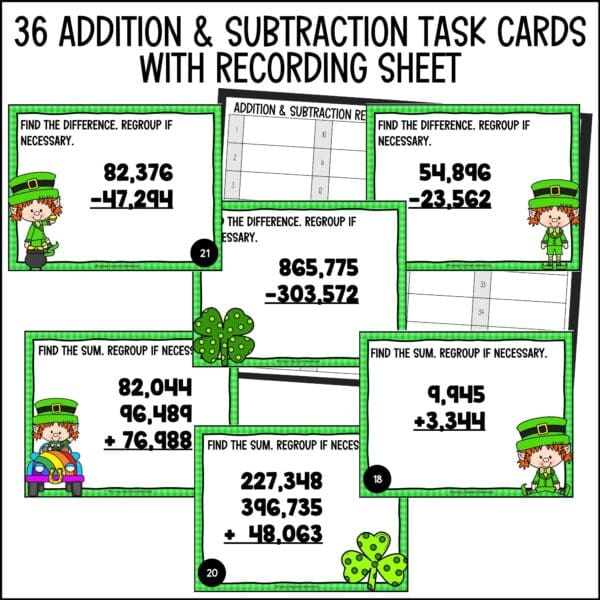 St. Patrick's Day addition and subtraction task cards