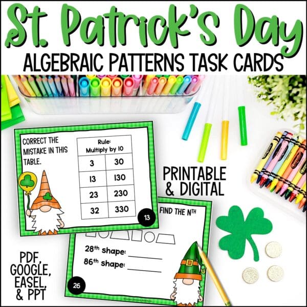 St. Patrick's Day algebraic patterns task cards