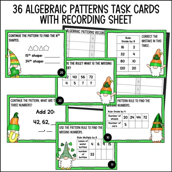 St. Patrick's Day algebraic patterns task cards