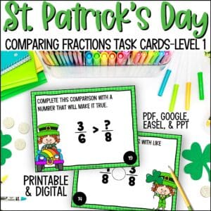St. Patrick's Day comparing fractions task cards L1