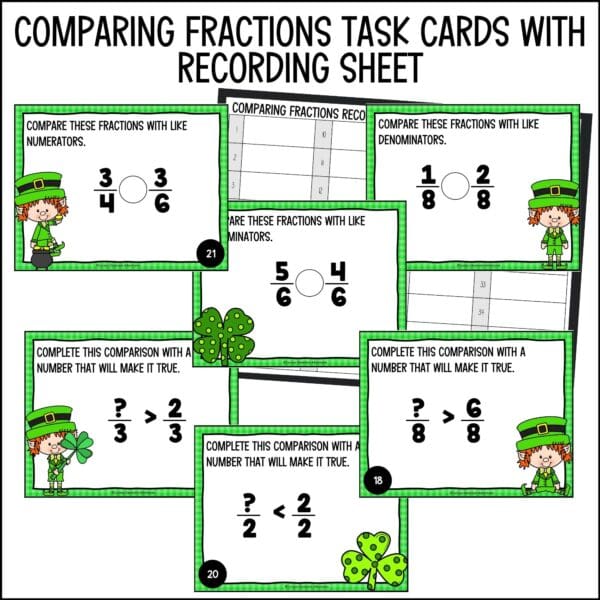 St. Patrick's Day comparing fractions task cards L1