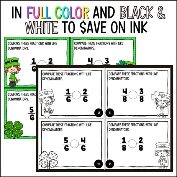 St. Patrick's Day comparing fractions task cards L1