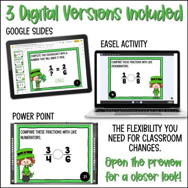 St. Patrick's Day comparing fractions task cards L1