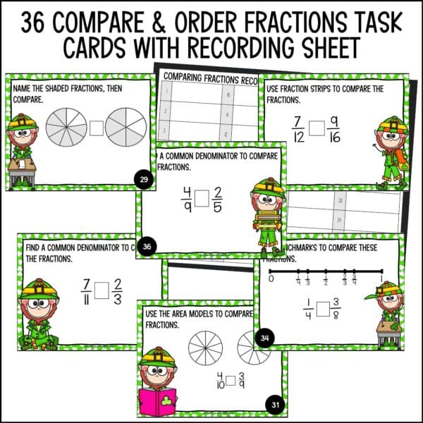 St. Patrick's Day comparing fractions task cards L2