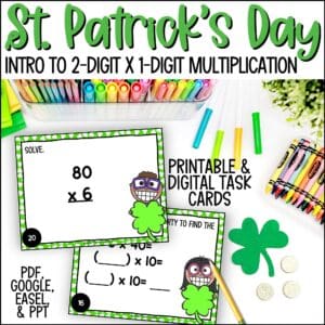 St. Patrick's Day introducing 2 digit by 1 digit multiplication task cards