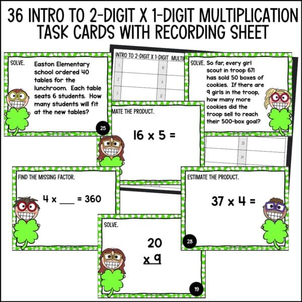 St. Patrick's Day introducing 2 digit by 1 digit multiplication task cards