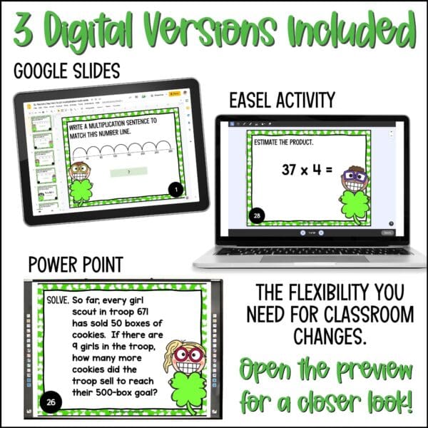 St. Patrick's Day introducing 2 digit by 1 digit multiplication task cards