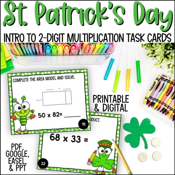 St. Patrick's Day introducing 2-digit by 2-digit multiplication task cards