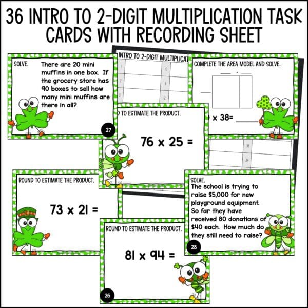 St. Patrick's Day introducing 2-digit by 2-digit multiplication task cards