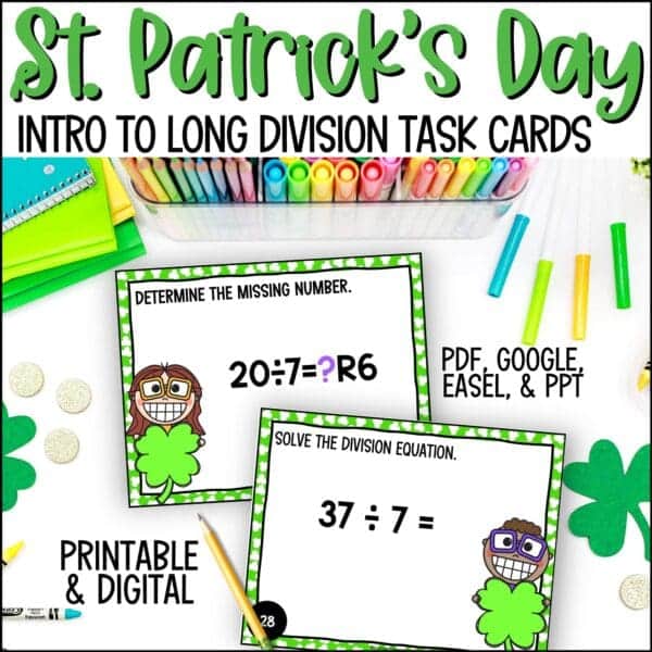 St. Patrick's Day introducing to long division task cards