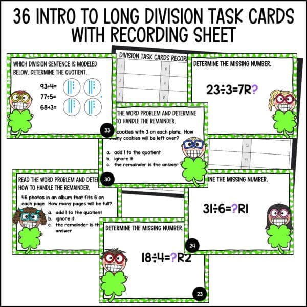 St. Patrick's Day introducing to long division task cards