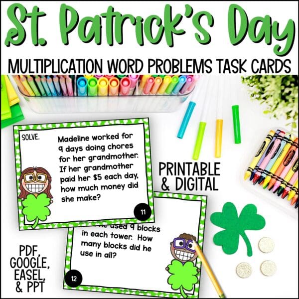 St. Patrick's Day multiplication problem solving task cards